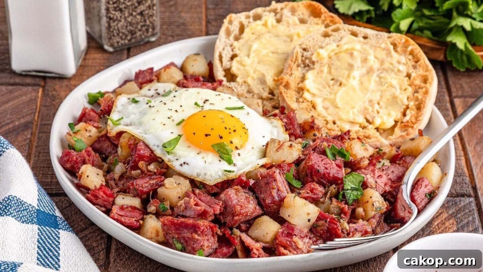 A plate of corned beef hash with potatoes and herbs, topped with a fried egg, served with buttered English muffins on the side.