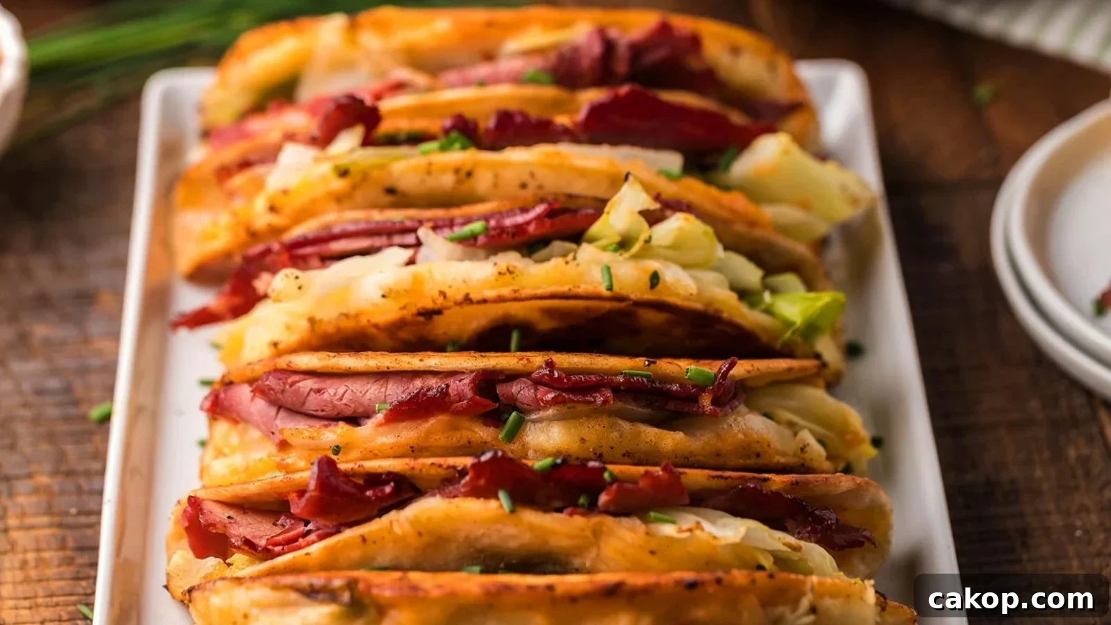 Four crispy tacos filled with sliced meat, cabbage, and chopped chives on a white rectangular plate.