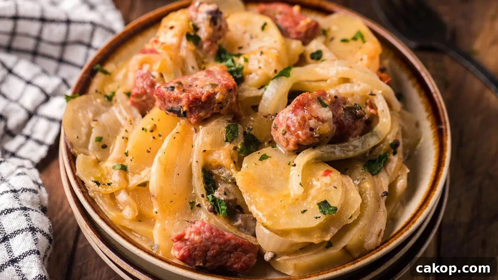 A bowl of sliced potatoes, onions, and sausage in a creamy sauce, garnished with chopped herbs.
