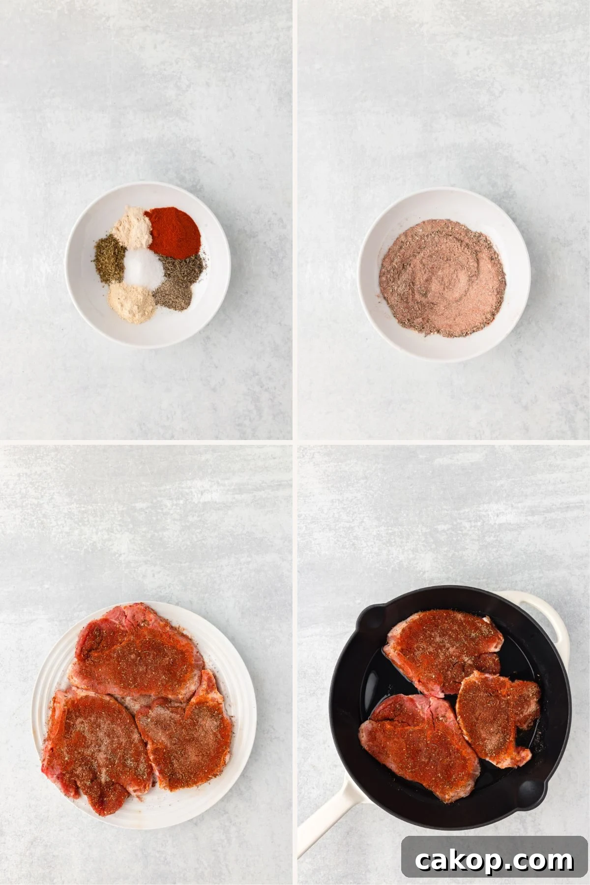 Juicy Bone-In Pork Chops: Simple Step-by-Step Cooking Guide 4 Spice mix in a bowl and seasoned meat ready for cooking, raw meat seasoned with spices in a skillet, food and recipe preparation for flavorful steak.