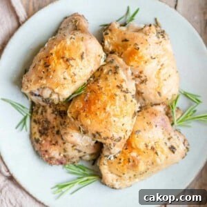 Crispy Italian-Style Baked Chicken Thighs 6 A square image of baked chicken thighs on a plate