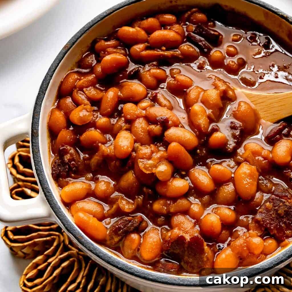Up close image of a pot of baked beans with a wooden spoon.