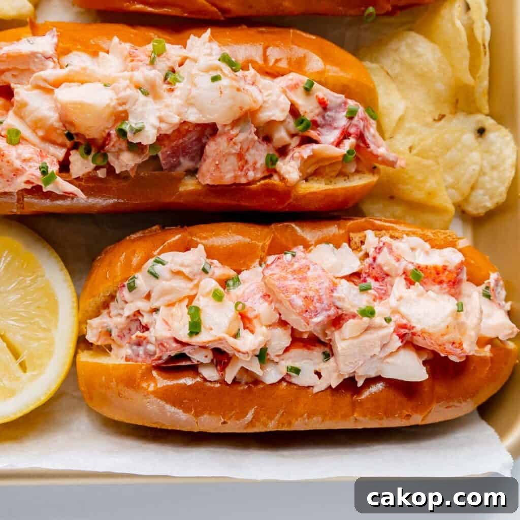 Up close image of a lobster roll with lemon and potato chips