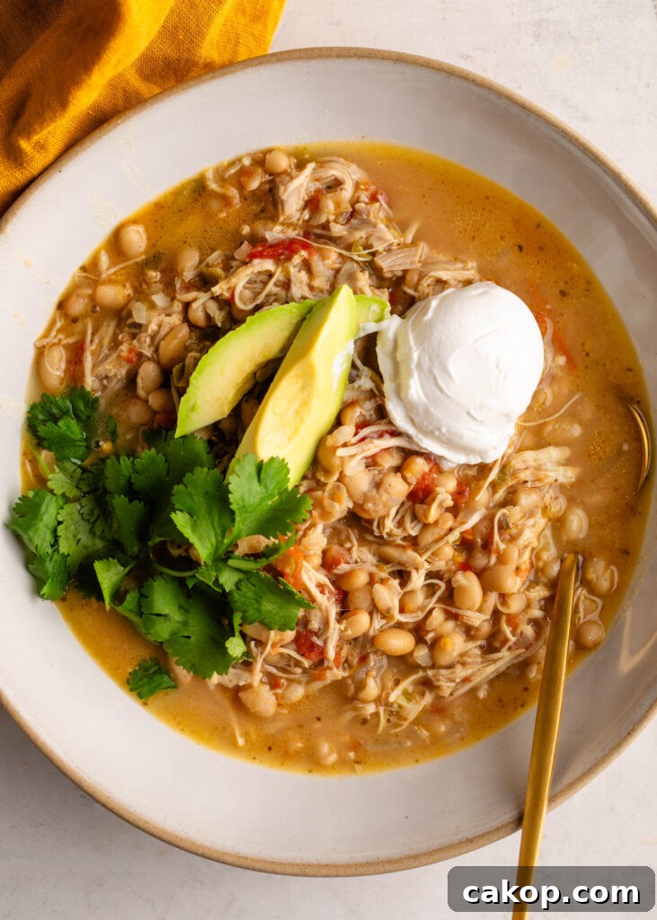 Southwest Chicken Chili: Spicy Crockpot Recipe for Weeknights 2 bowl of southwest chicken chili topped with a scoop of sour cream, sliced avocado, and fresh cilantro