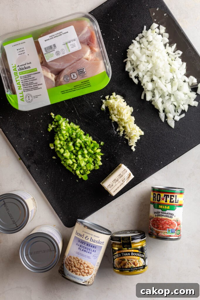 Southwest Chicken Chili: Spicy Crockpot Recipe for Weeknights 3 southwest chicken chili ingredients. Package of boneless skinless chicken thighs, diced green bell pepper, minced garlic, diced white onion, can of Rotel mild diced tomatoes and green chilies, 3 cans of navy beans, and one jar of better than bouillon chicken base