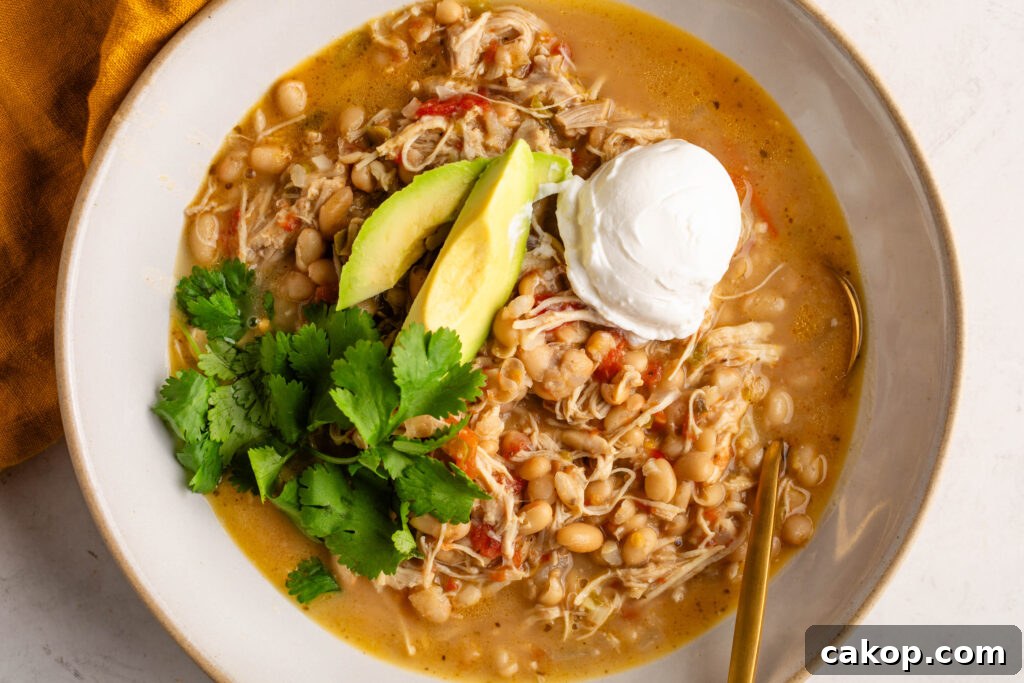 Southwest Chicken Chili: Spicy Crockpot Recipe for Weeknights 9 a bowl of southwest chicken chili topped with sour cream, avocado, and cilantro