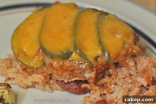 Pork Chops Olé with rice, out of the oven, and ready to eat!