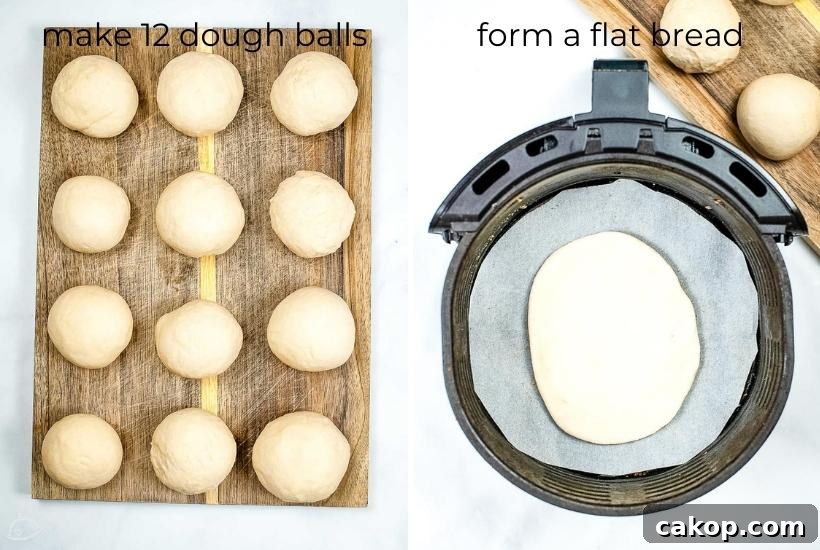 Crispy Air Fryer Navajo Tacos Recipe for Quick Weeknight Meals 4 two image collage showing the fry bread dough in balls and placing them in the air fryer