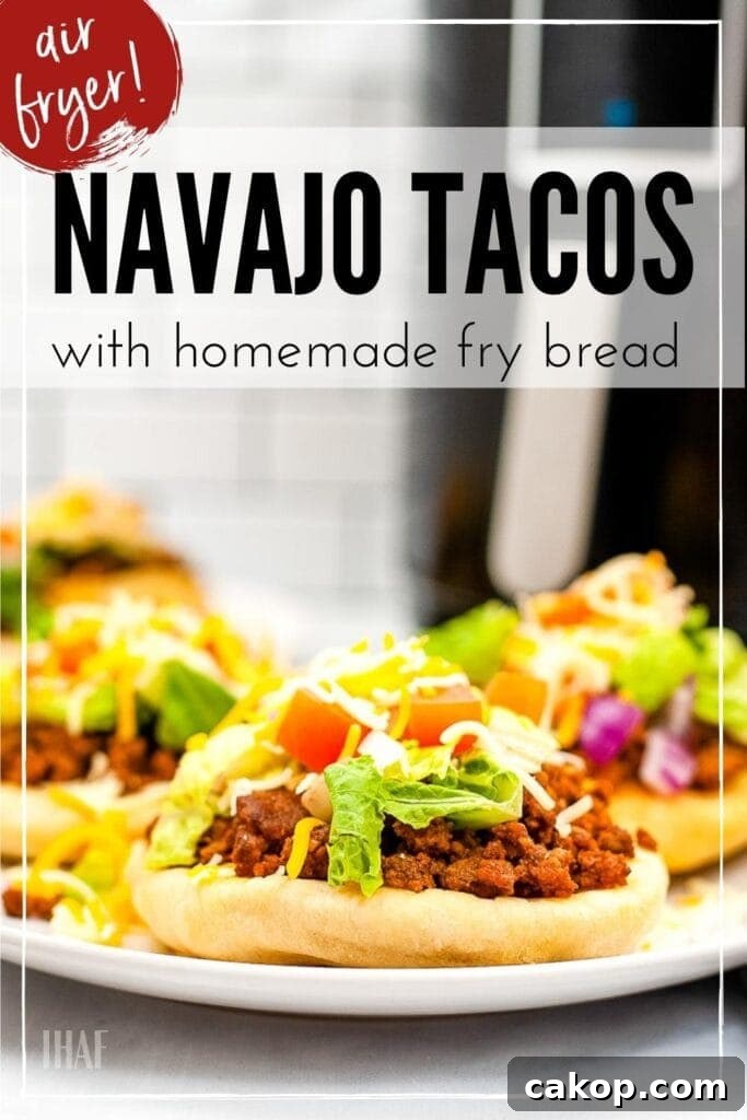 Crispy Air Fryer Navajo Tacos Recipe for Quick Weeknight Meals 6 three indian fry bread tacos on a white plate with text overlay