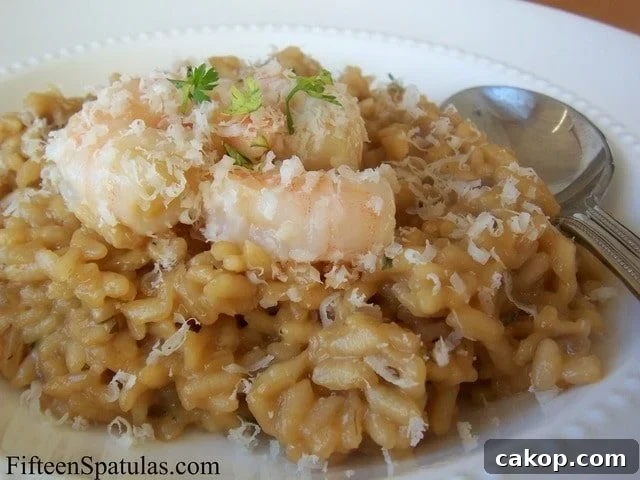 Shrimp Risotto with Parmesan and Brown Butter in White Bowl