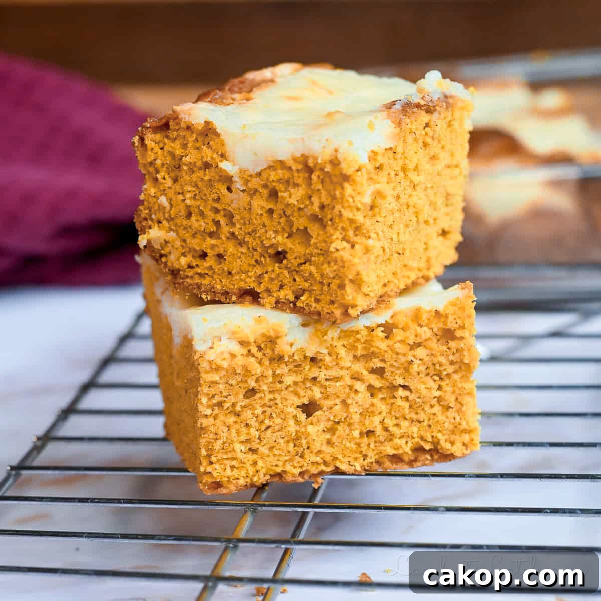 two pumpkin bars stacked on a baking rack.