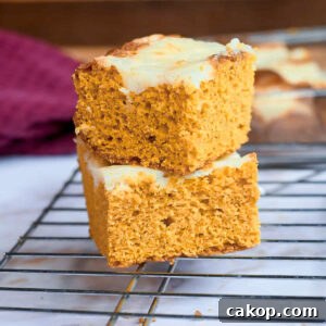 two pumpkin bars stacked on a baking rack.