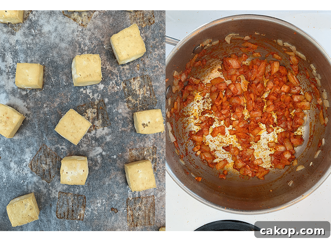 A photo collage of baked tofu cubes on a pan and a pot of onions and curry paste cooking.