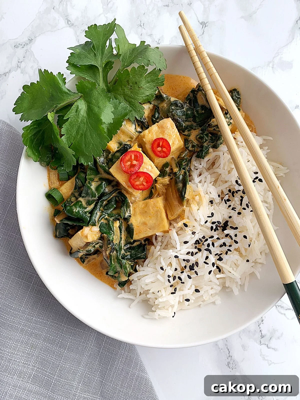 A bowl of red Thai curry tofu and rice with chopsticks resting on the bowl.
