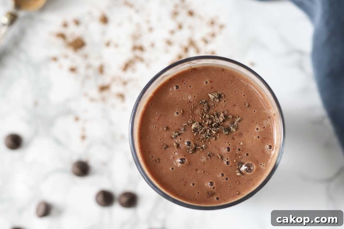 overhead shot of chocolate veggie smoothie.