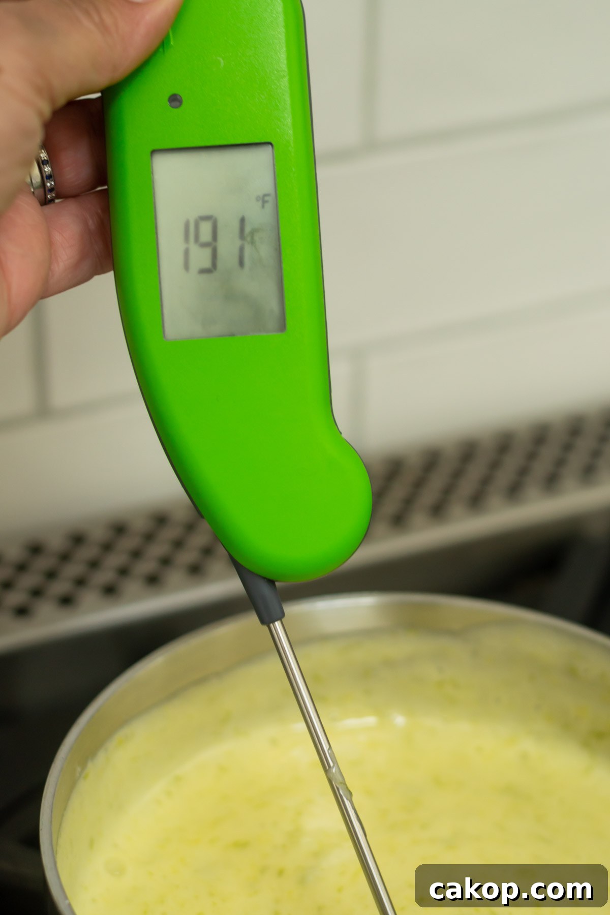 hand holding a thermometer showing curd cooked to a high enough temperature