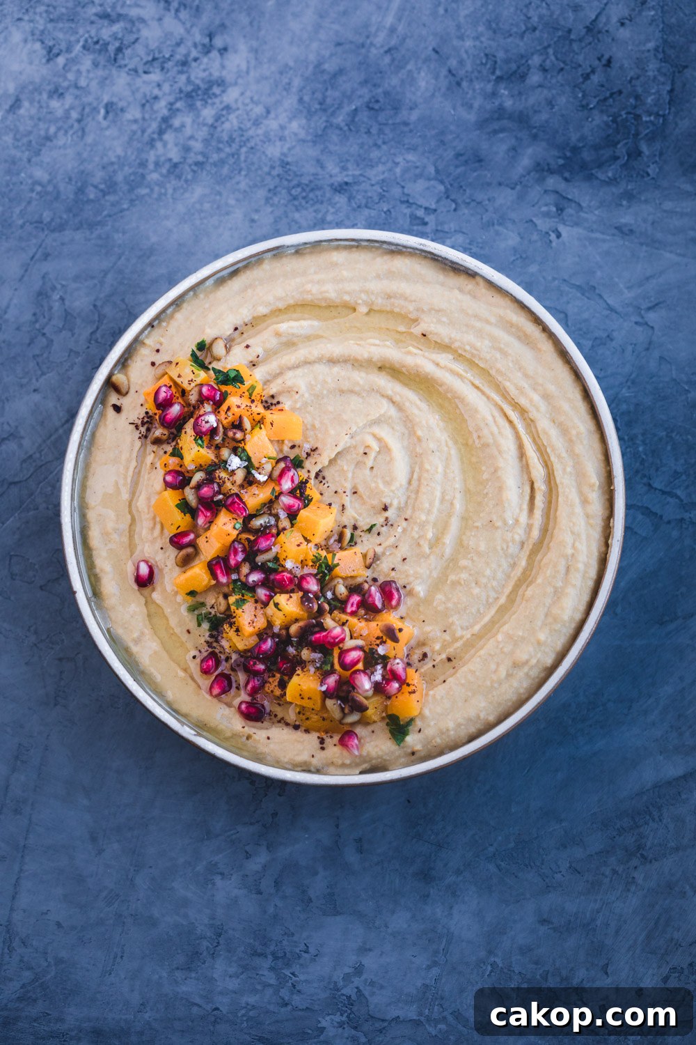 Butternut squash hummus flatly, in the center of the frame on a dark background.