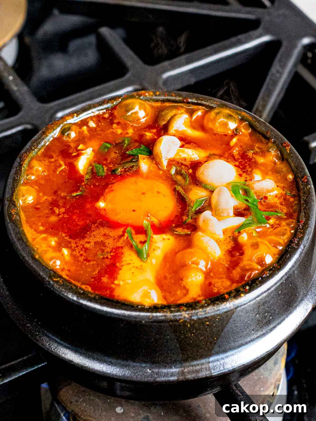 Spicy Korean Soondubu Jjigae (Silken Tofu Stew Recipe) 2 Korean tofu soup or soondubu jiggae with mushrooms and egg in an earthenware pot.