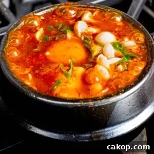 Spicy Korean Soondubu Jjigae (Silken Tofu Stew Recipe) 9 Soondubu jjigae with mushrooms, soft tofu, and egg cooking in an earthenware pot.